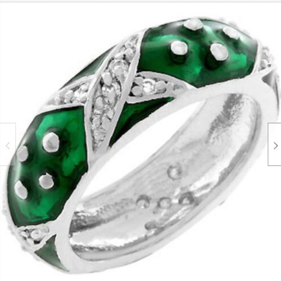 Silver Green Enamel Cubic Zirconia Ring Size 8 9 Band Rhodium Plated Stackable - Picture 2 of 8